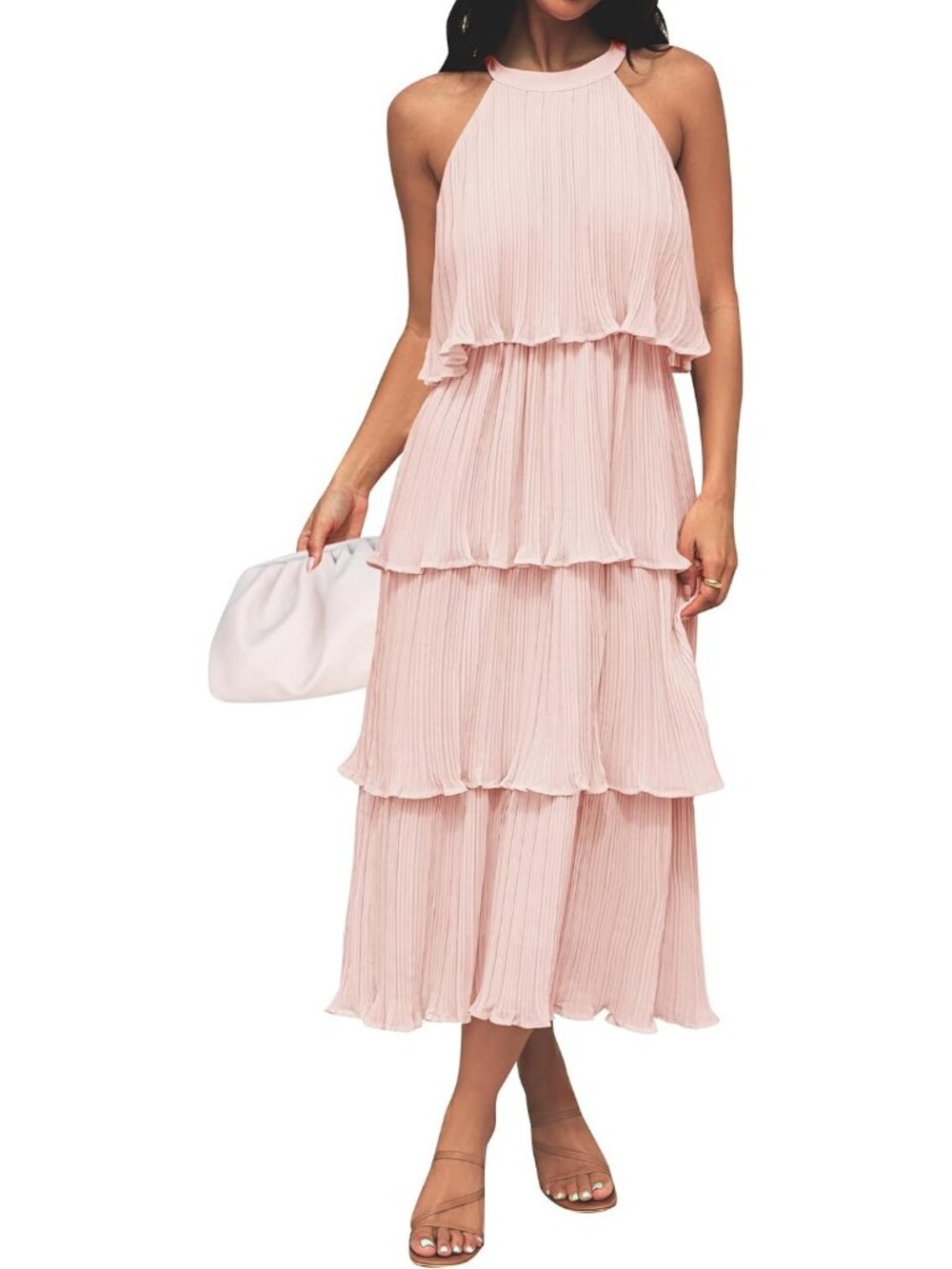 Women's Pink Summer Halter Ruffle Sleeveless Formal Wedding Guest Midi Dresses